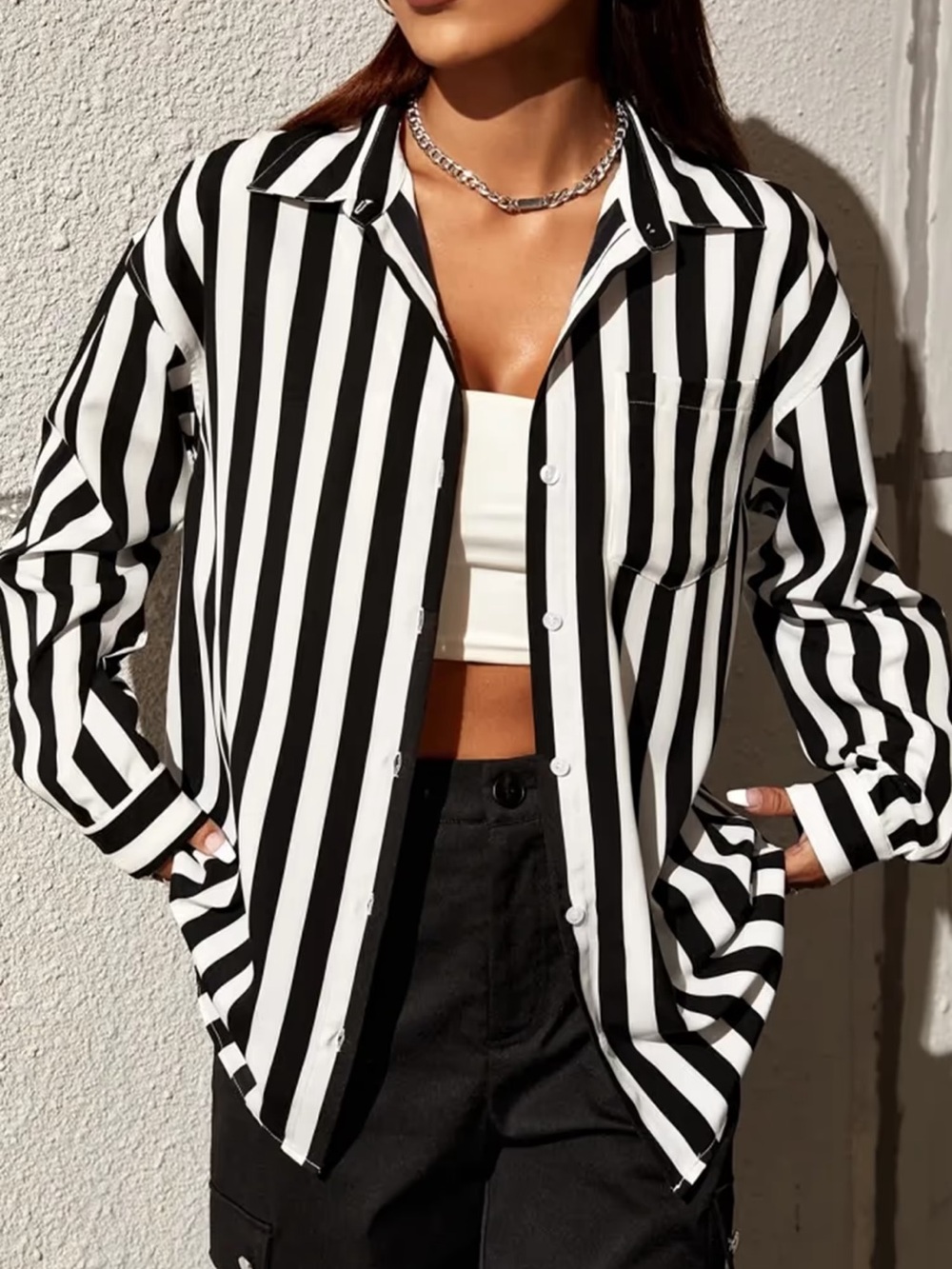 Cupshe NWT Medium Striped Black & White Button-Down Shirt for Women
